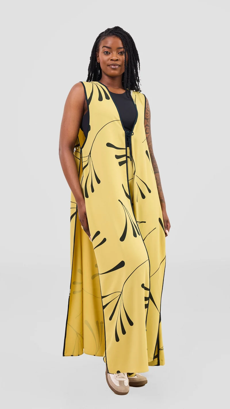 Vivo Nuru Sleeveless Maxi Kimono in Crepe - Lime / Black Uru Print