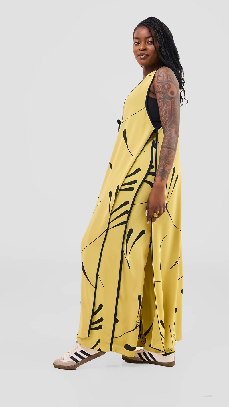 Vivo Nuru Sleeveless Maxi Kimono in Crepe - Lime / Black Uru Print