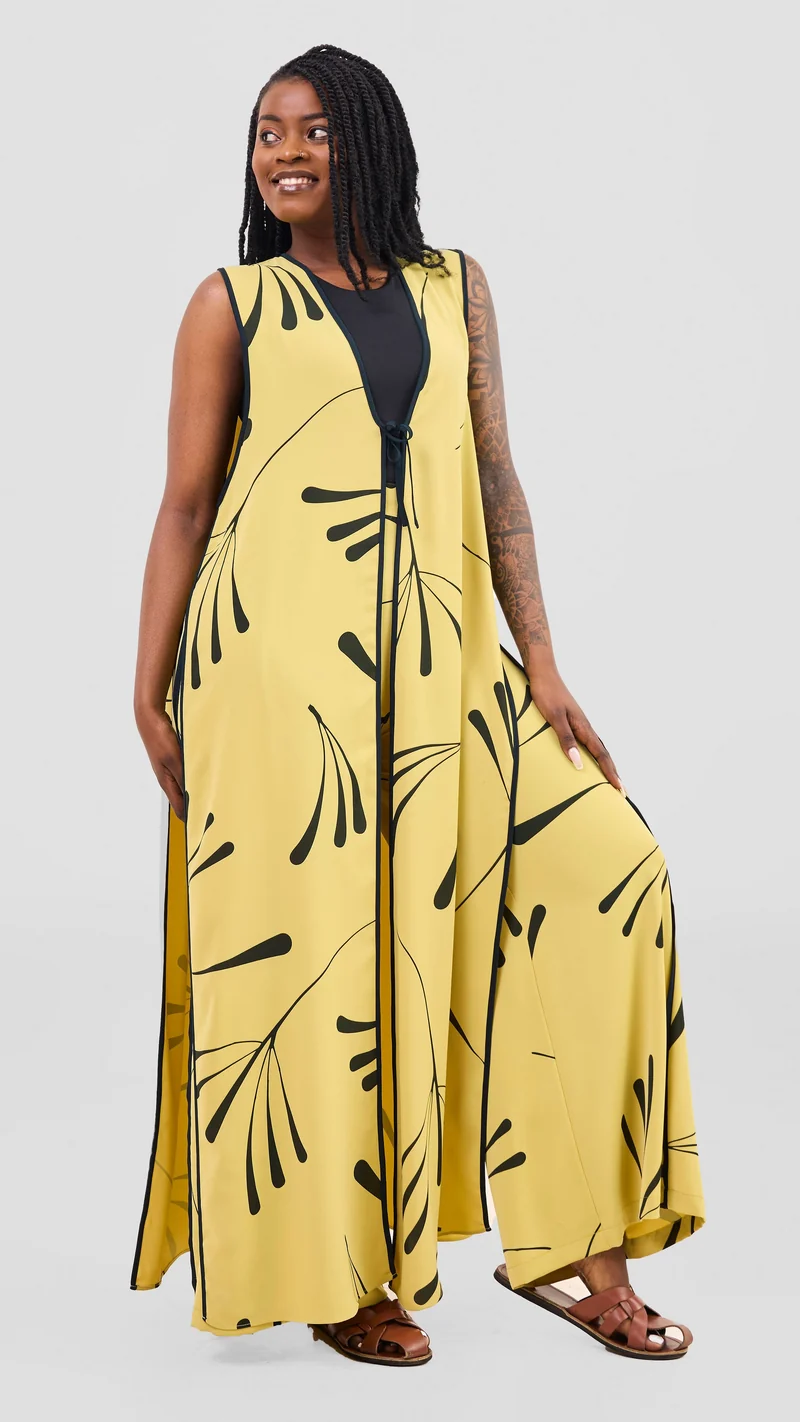 Vivo Nuru Sleeveless Maxi Kimono in Crepe - Lime / Black Uru Print
