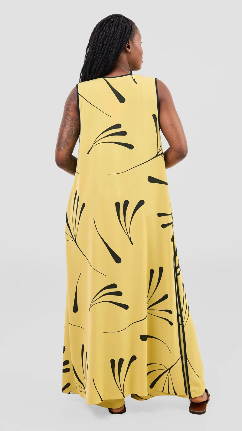 Vivo Nuru Sleeveless Maxi Kimono in Crepe - Lime / Black Uru Print