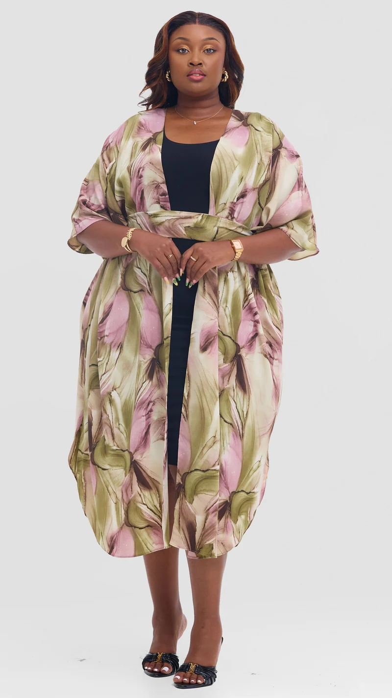 Vivo Scalloped Kimono in Crepe - Dusty Pink / Olive Print