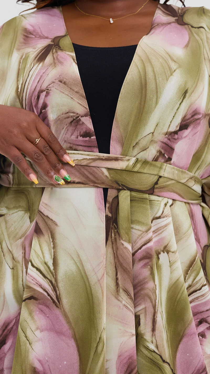 Vivo Scalloped Kimono in Crepe - Dusty Pink / Olive Print