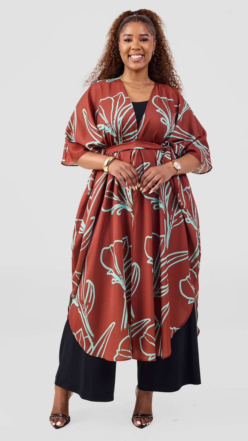 Vivo Scalloped Kimono In Crepe - Light Green / Rust Print
