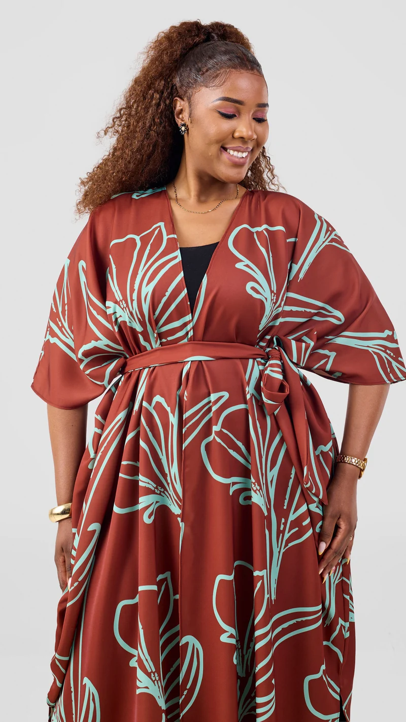 Vivo Scalloped Kimono In Crepe - Light Green / Rust Print