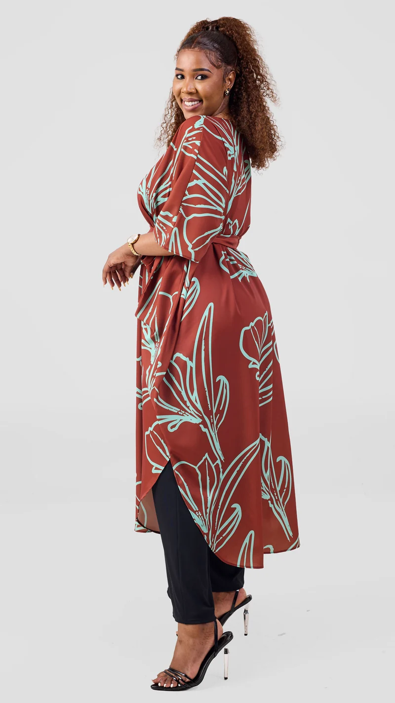 Vivo Scalloped Kimono In Crepe - Light Green / Rust Print