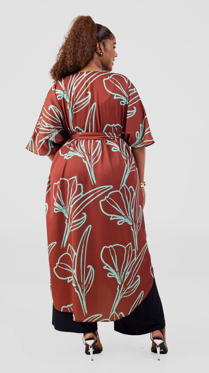Vivo Scalloped Kimono In Crepe - Light Green / Rust Print