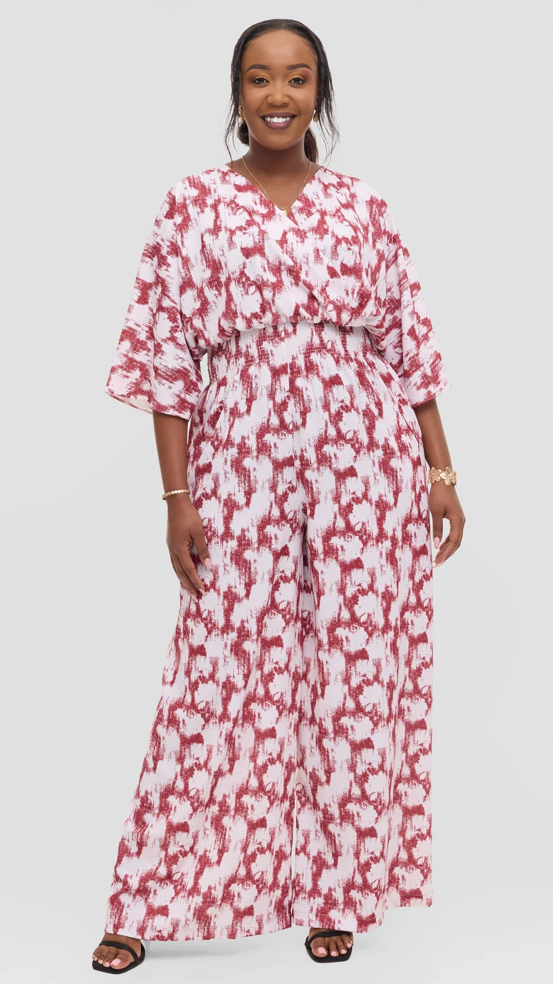 Vivo Iyana Shirred Waist Jumpsuit in Crepe - Off White / Maroon Azari Print