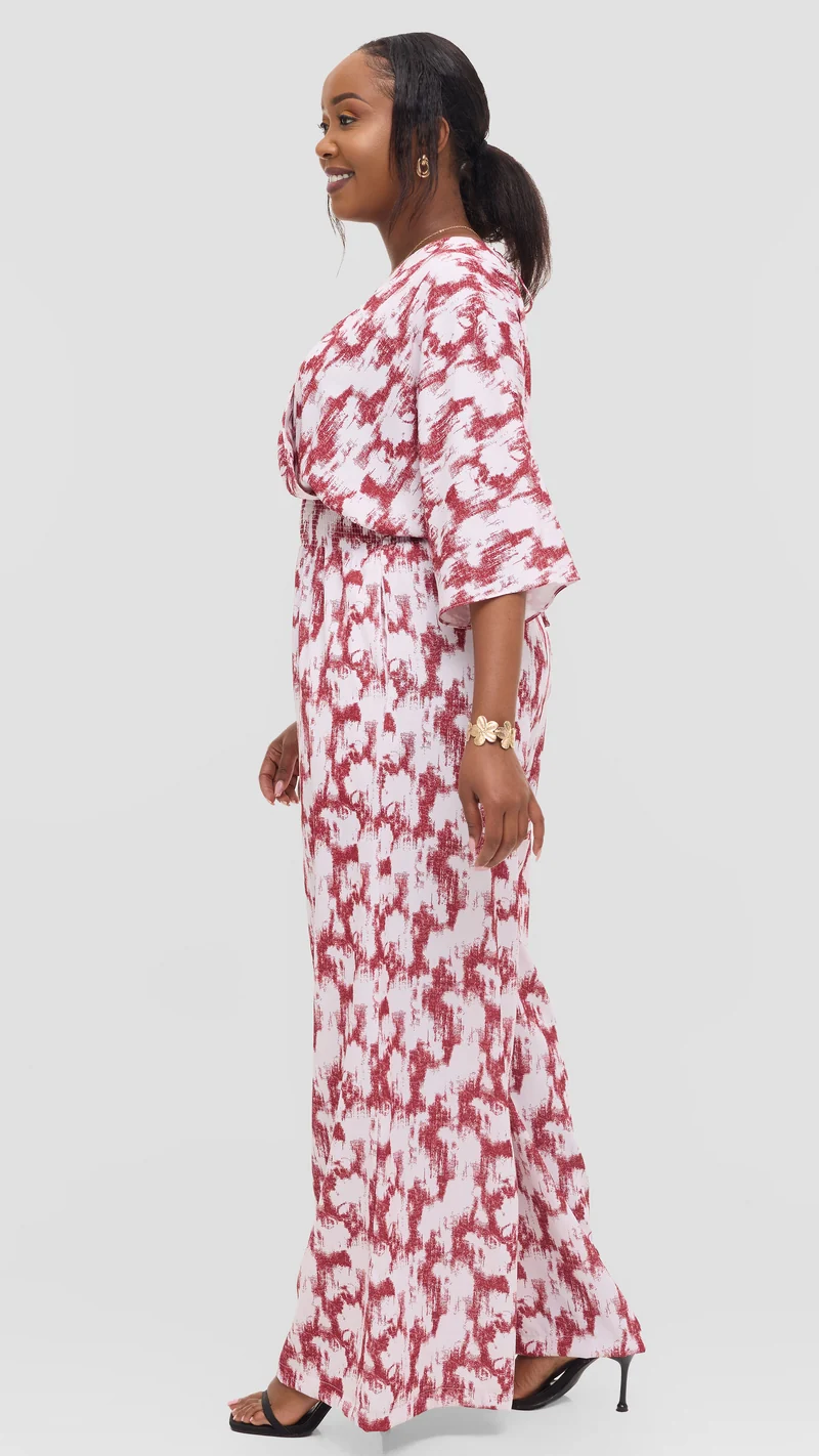 Vivo Iyana Shirred Waist Jumpsuit in Crepe - Off White / Maroon Azari Print