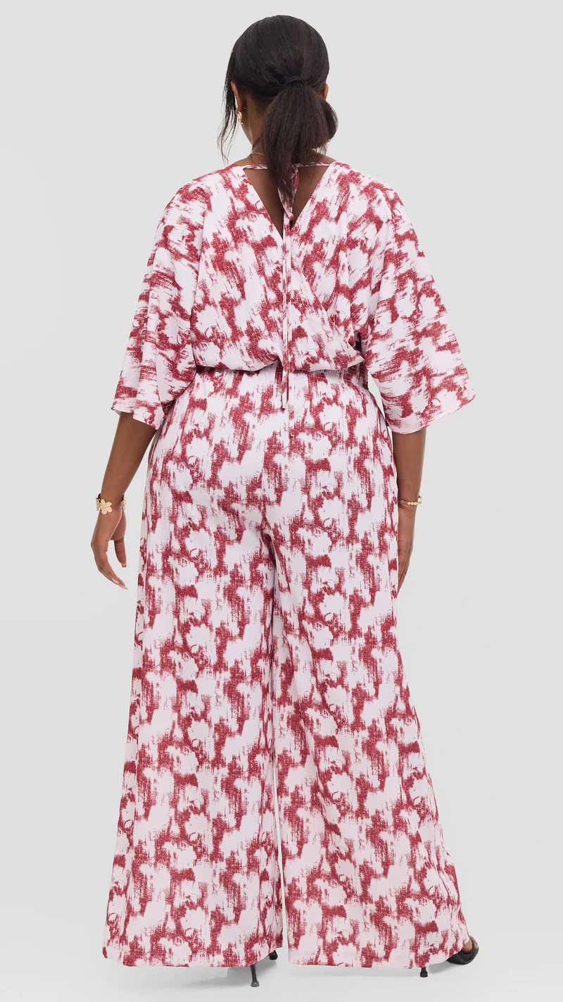 Vivo Iyana Shirred Waist Jumpsuit in Crepe - Off White / Maroon Azari Print