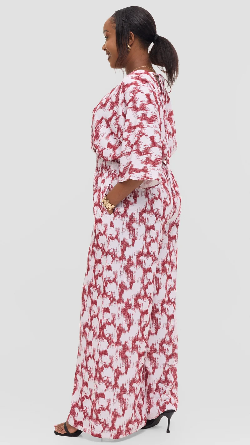 Vivo Iyana Shirred Waist Jumpsuit in Crepe - Off White / Maroon Azari Print