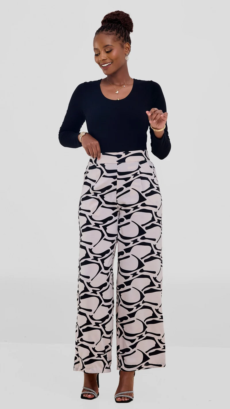 Vivo Maisha Straight Leg Pants In Crepe - Beige / Black Abstract Print