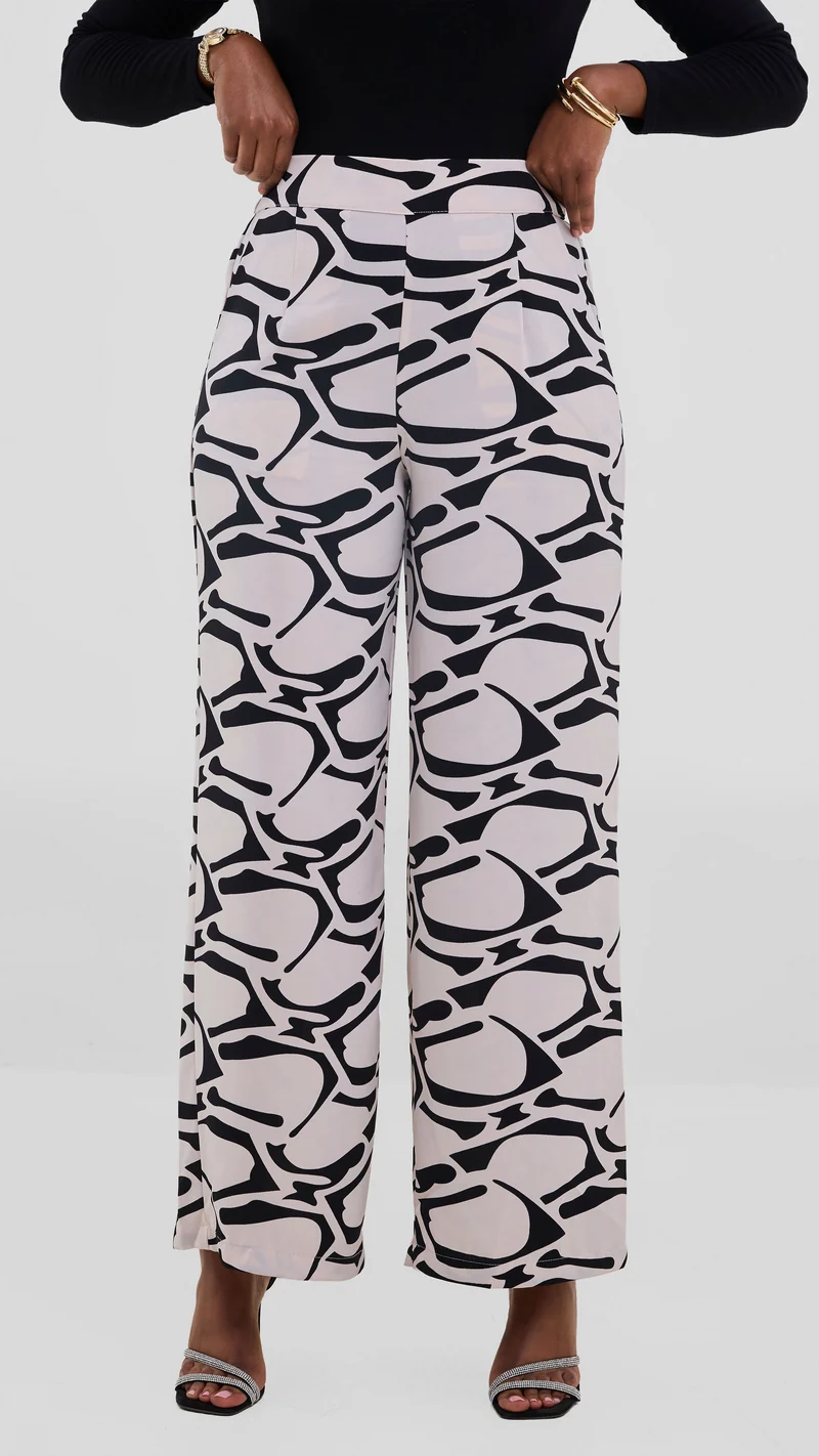 Vivo Maisha Straight Leg Pants In Crepe - Beige / Black Abstract Print
