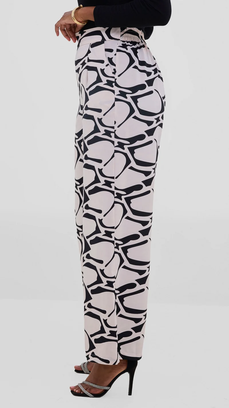 Vivo Maisha Straight Leg Pants In Crepe - Beige / Black Abstract Print