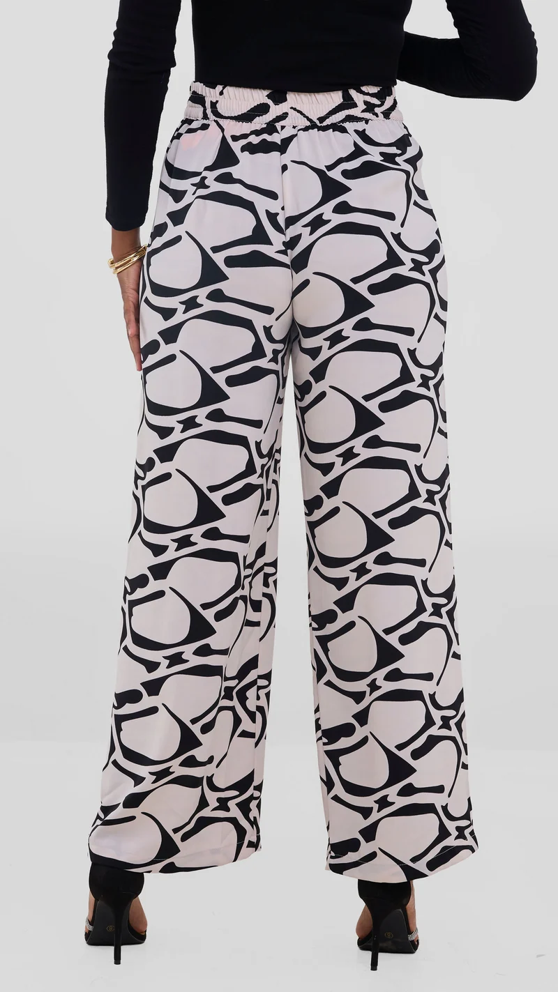 Vivo Maisha Straight Leg Pants In Crepe - Beige / Black Abstract Print