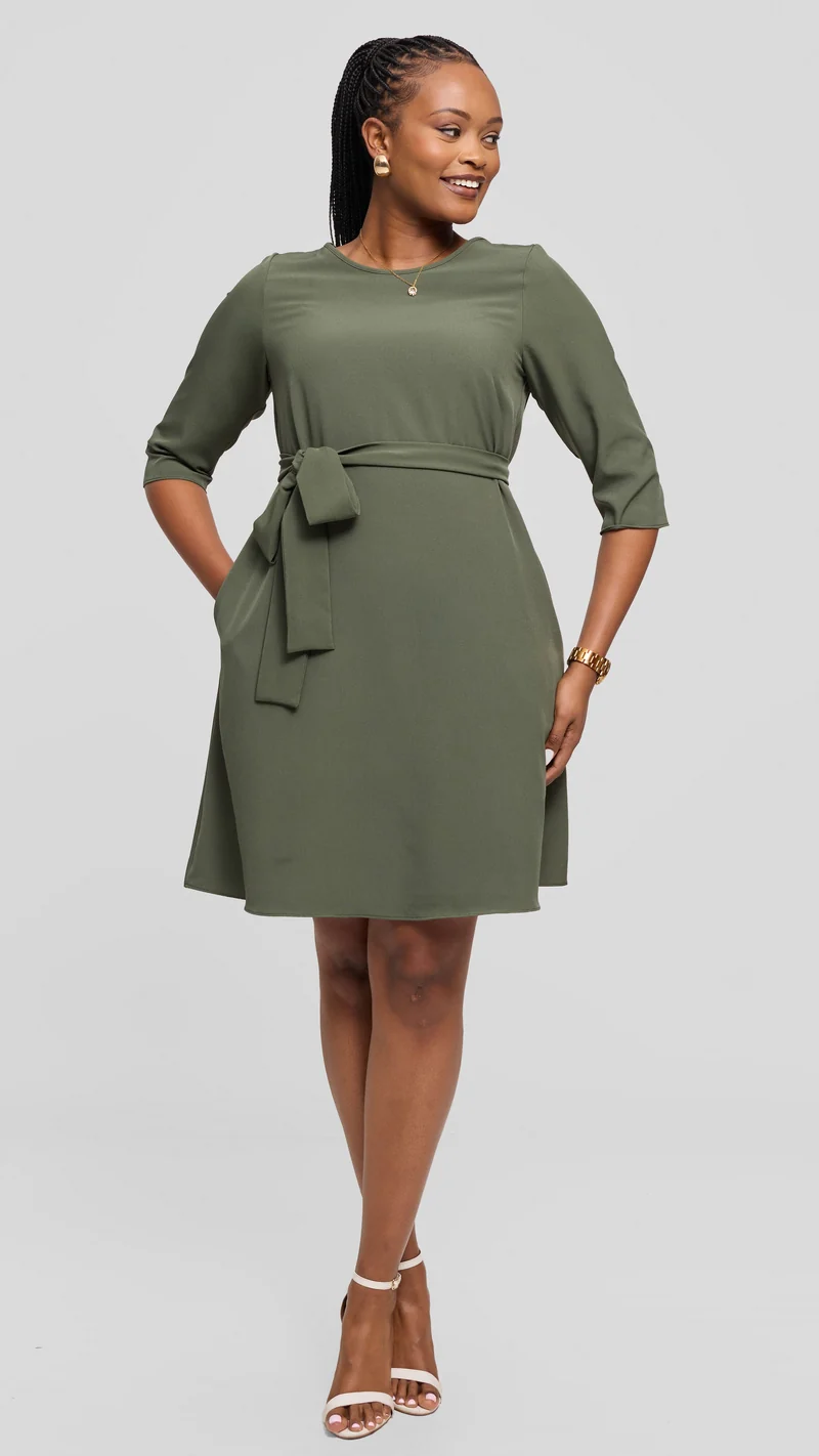 Vivo Laika 3/4 Sleeve Tent Dress in Crepe - Dark Olive Green