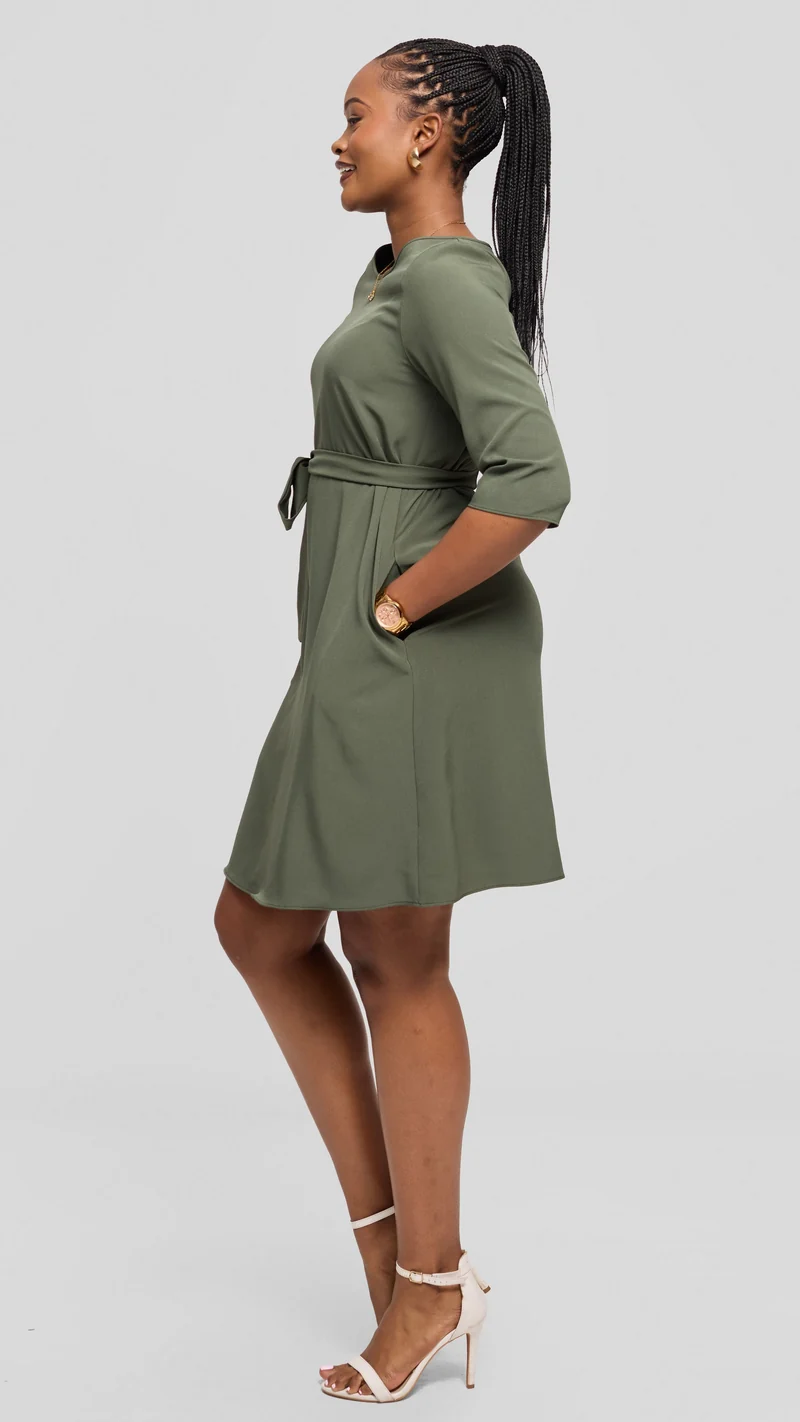 Vivo Laika 3/4 Sleeve Tent Dress in Crepe - Dark Olive Green
