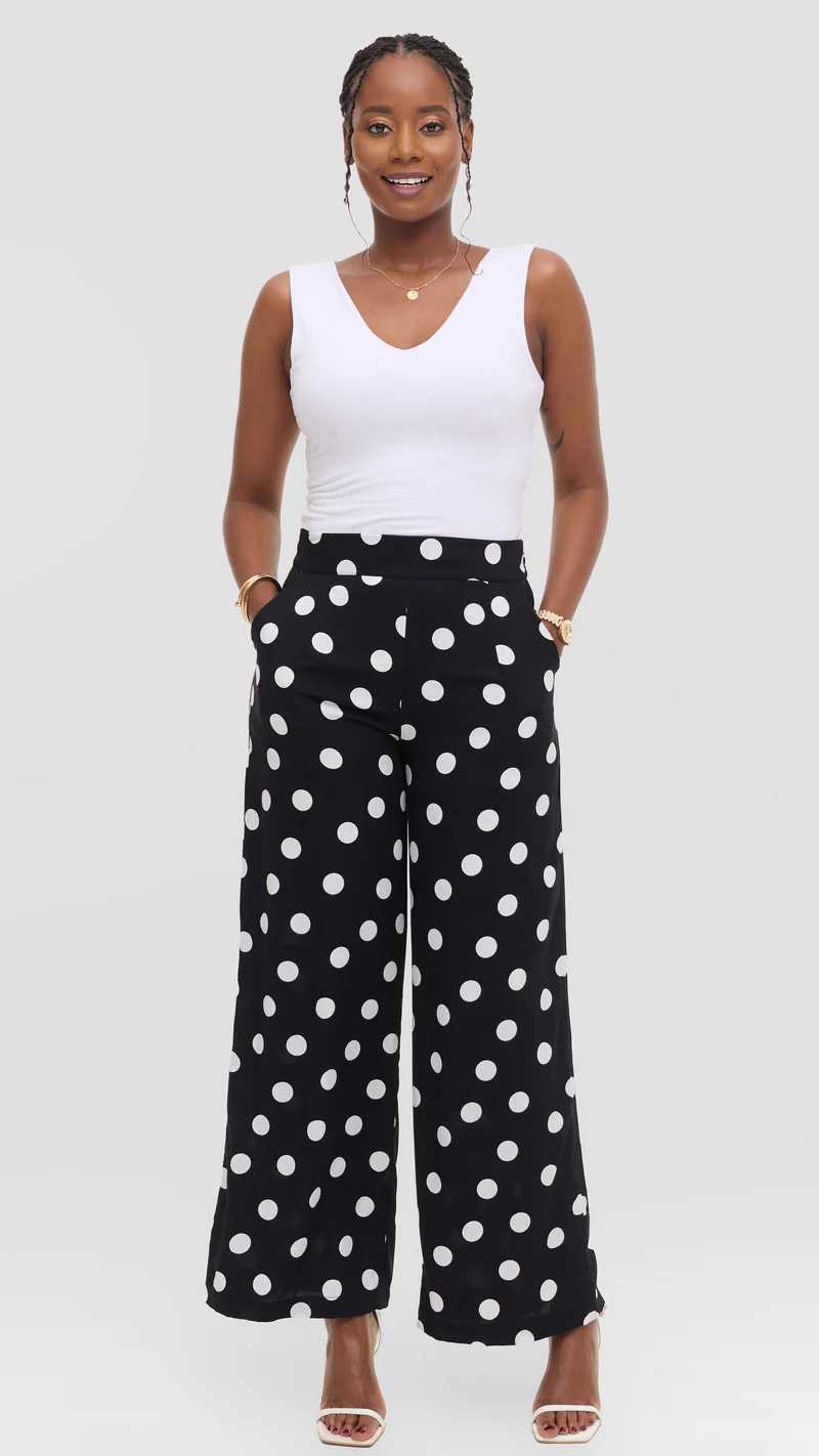 Vivo Samira Pants in Rayon - Black / White Polka Dot