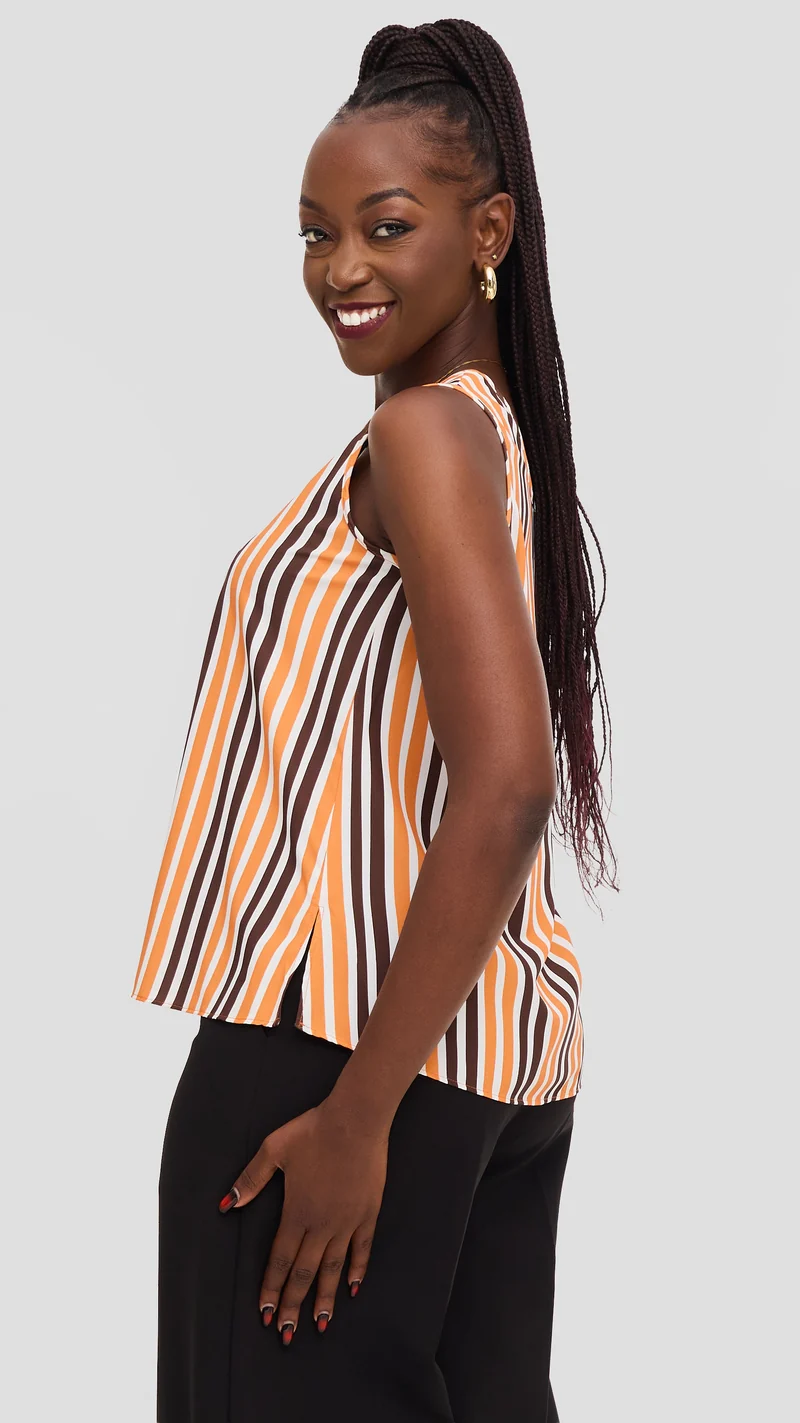 Vivo Liora Scooped Neck Tank Top in Crepe - Orange / Chocolate Yani Print