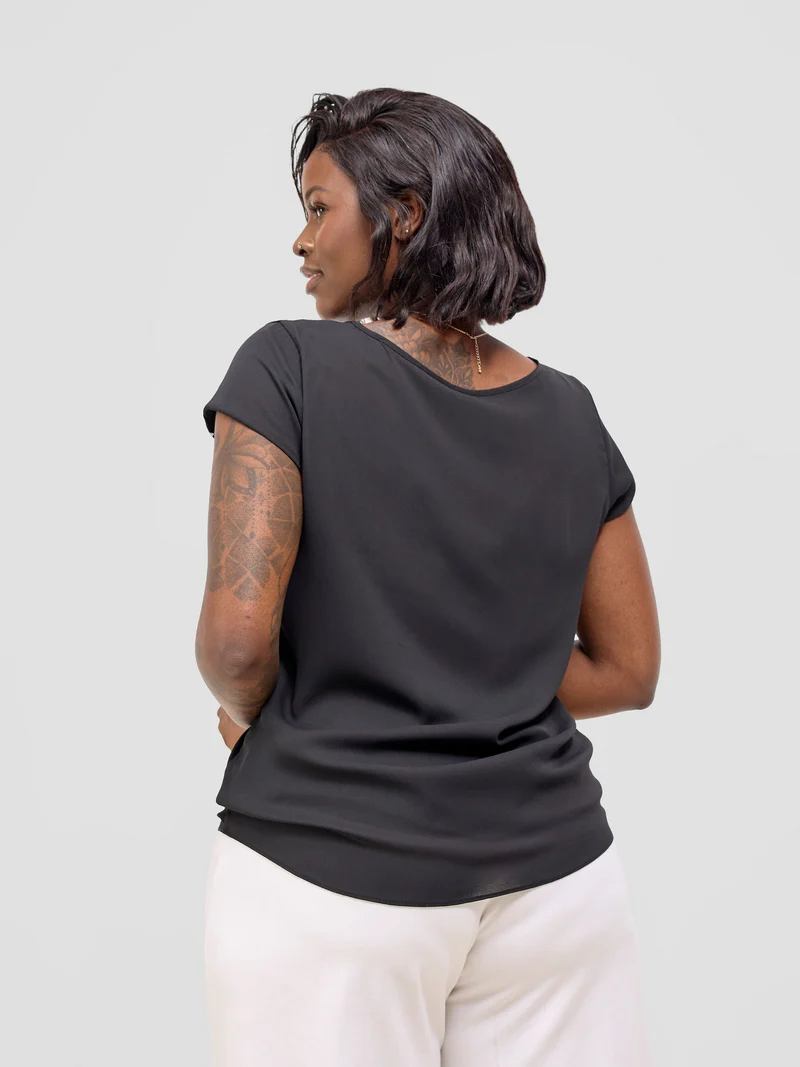 Vivo Basic Chiffon Cap Sleeve Top (Double Layered) - Black