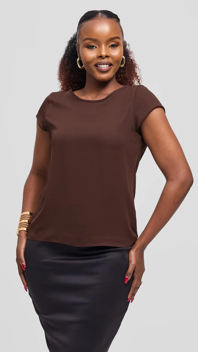 Vivo Basic Chiffon Cap Sleeve Top (Double Layered) - Dark Chocolate
