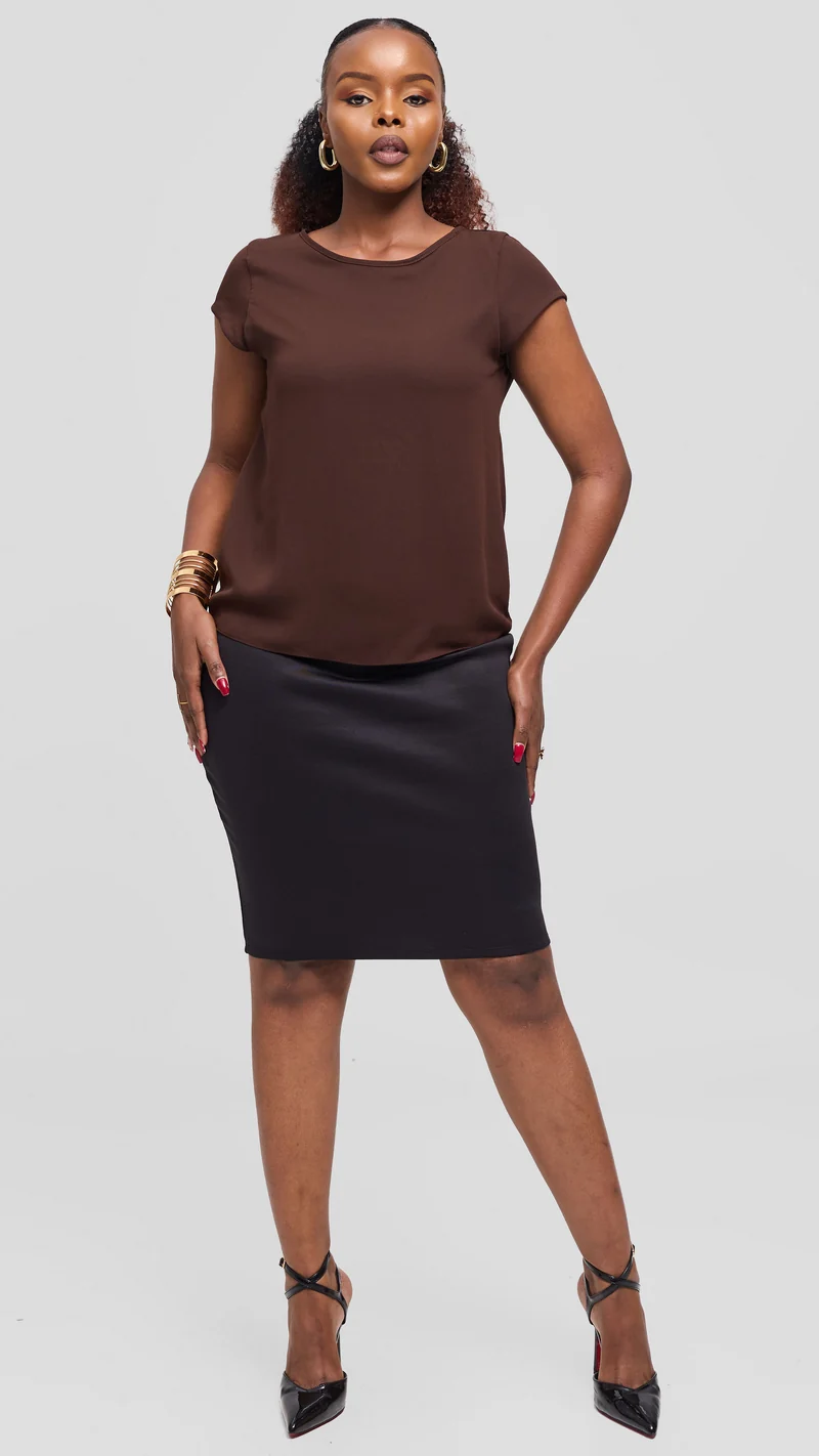 Vivo Basic Chiffon Cap Sleeve Top (Double Layered) - Dark Chocolate