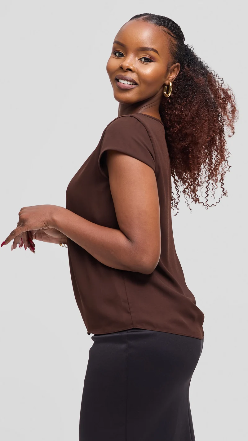 Vivo Basic Chiffon Cap Sleeve Top (Double Layered) - Dark Chocolate