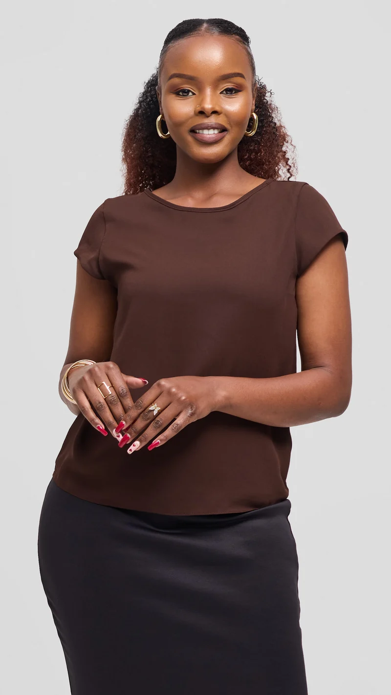 Vivo Basic Chiffon Cap Sleeve Top (Double Layered) - Dark Chocolate