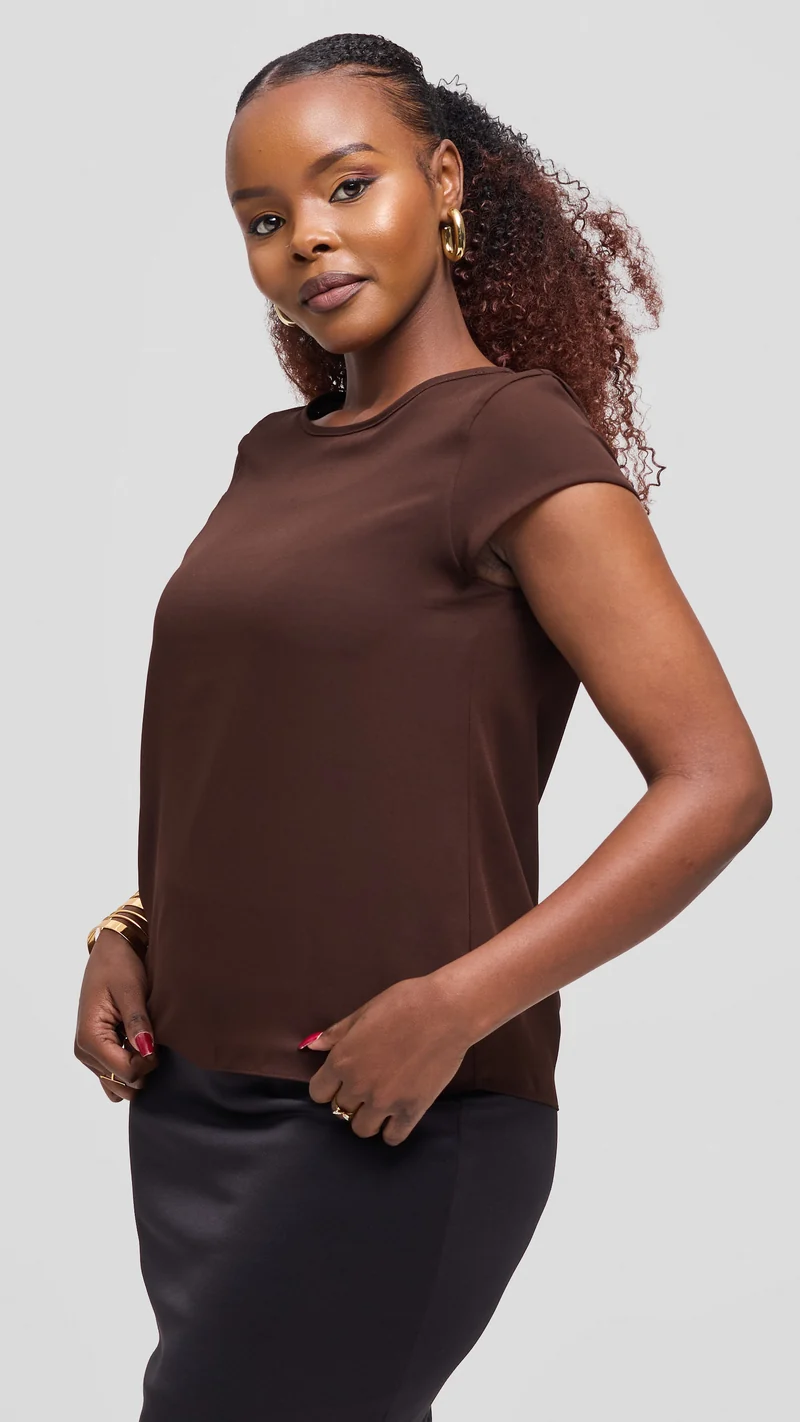 Vivo Basic Chiffon Cap Sleeve Top (Double Layered) - Dark Chocolate