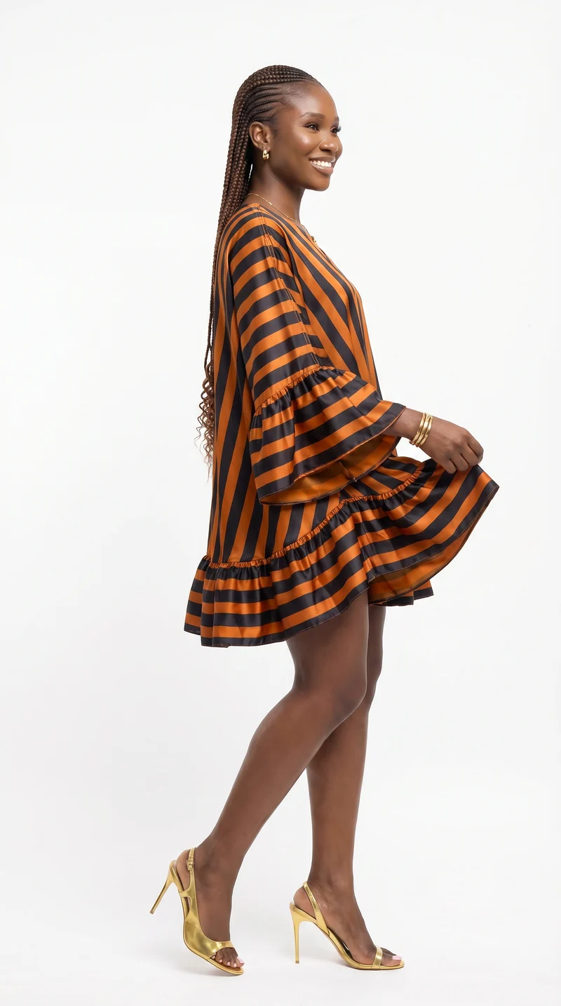 Vivo Chidii Tunic Dress With Frills in Satin - Rust / Black Print