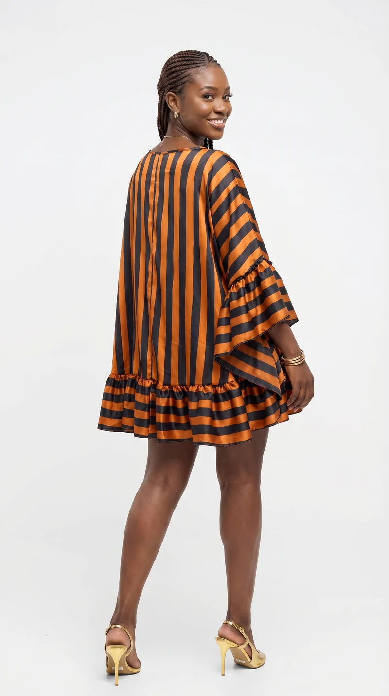Vivo Chidii Tunic Dress With Frills in Satin - Rust / Black Print