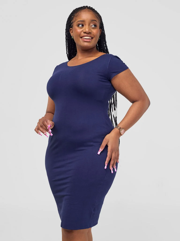 Vivo Basic Cap Sleeve Bodycon in Rayon - Navy Blue