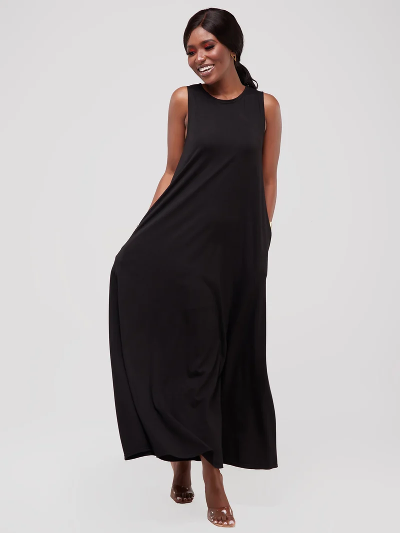 Vivo Basic Sleeveless Kena Tent Maxi Dress in Ponte - Black