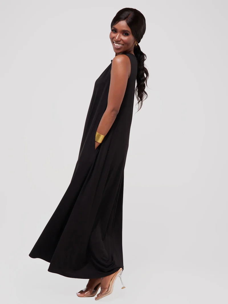 Vivo Basic Sleeveless Kena Tent Maxi Dress in Ponte - Black