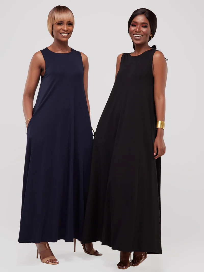 Vivo Basic Sleeveless Kena Tent Maxi Dress in Ponte - Black