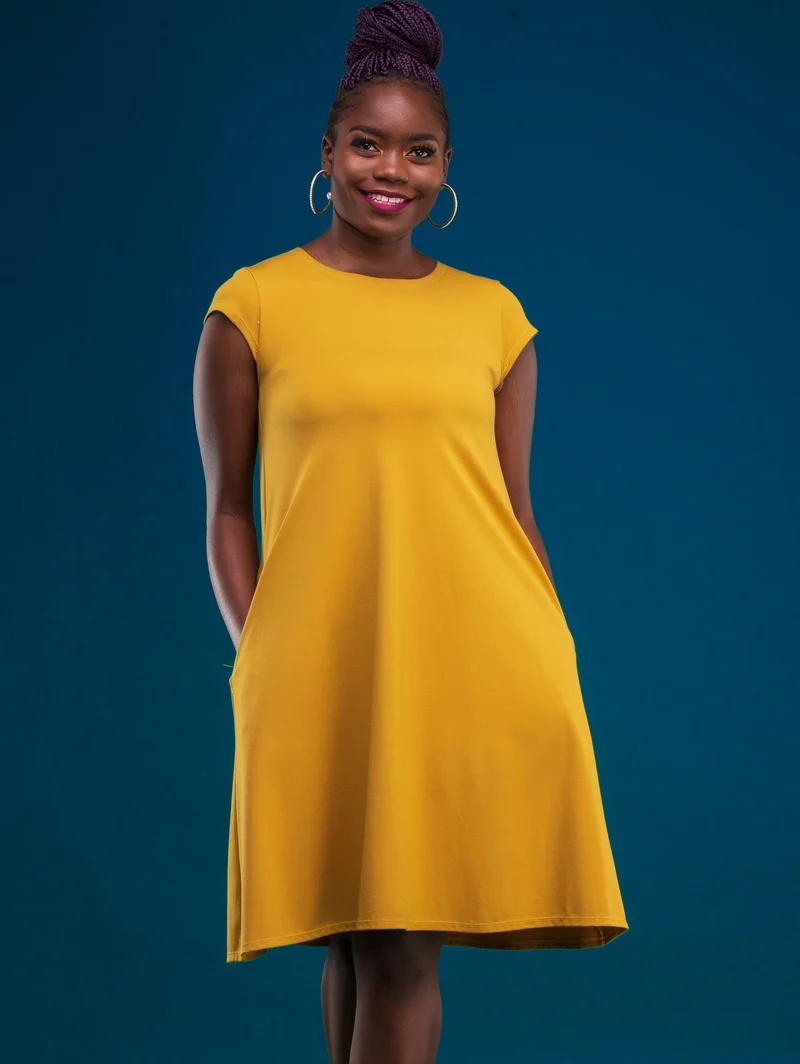 Vivo Basic Kena Tent Knee Length Dress in Ponte - Mustard