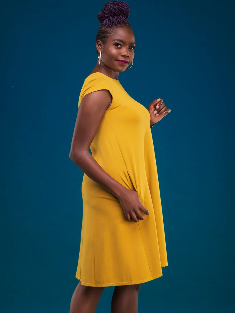 Vivo Basic Kena Tent Knee Length Dress in Ponte - Mustard