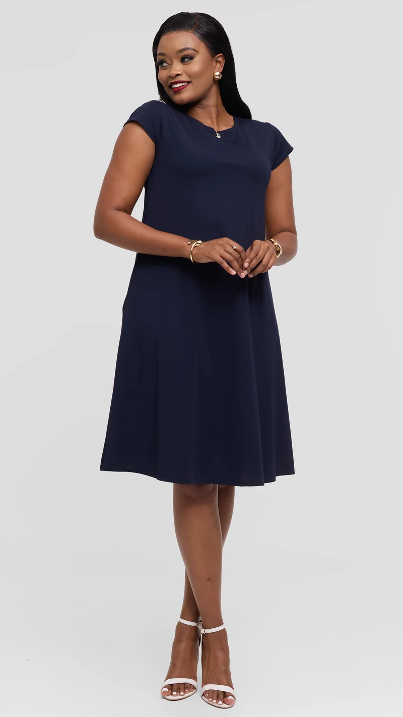 Vivo Basic Kena Tent Knee Length Dress in Ponte - Dark Navy