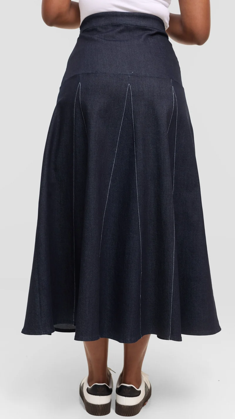 Safari by Vivo Godet Contrast Stitch Midi Skirt in Denim - Navy