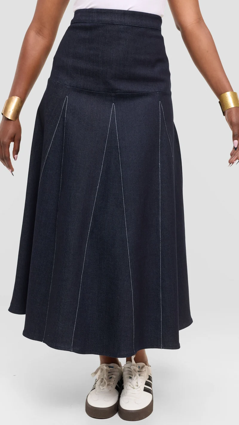 Safari by Vivo Godet Contrast Stitch Midi Skirt in Denim - Navy
