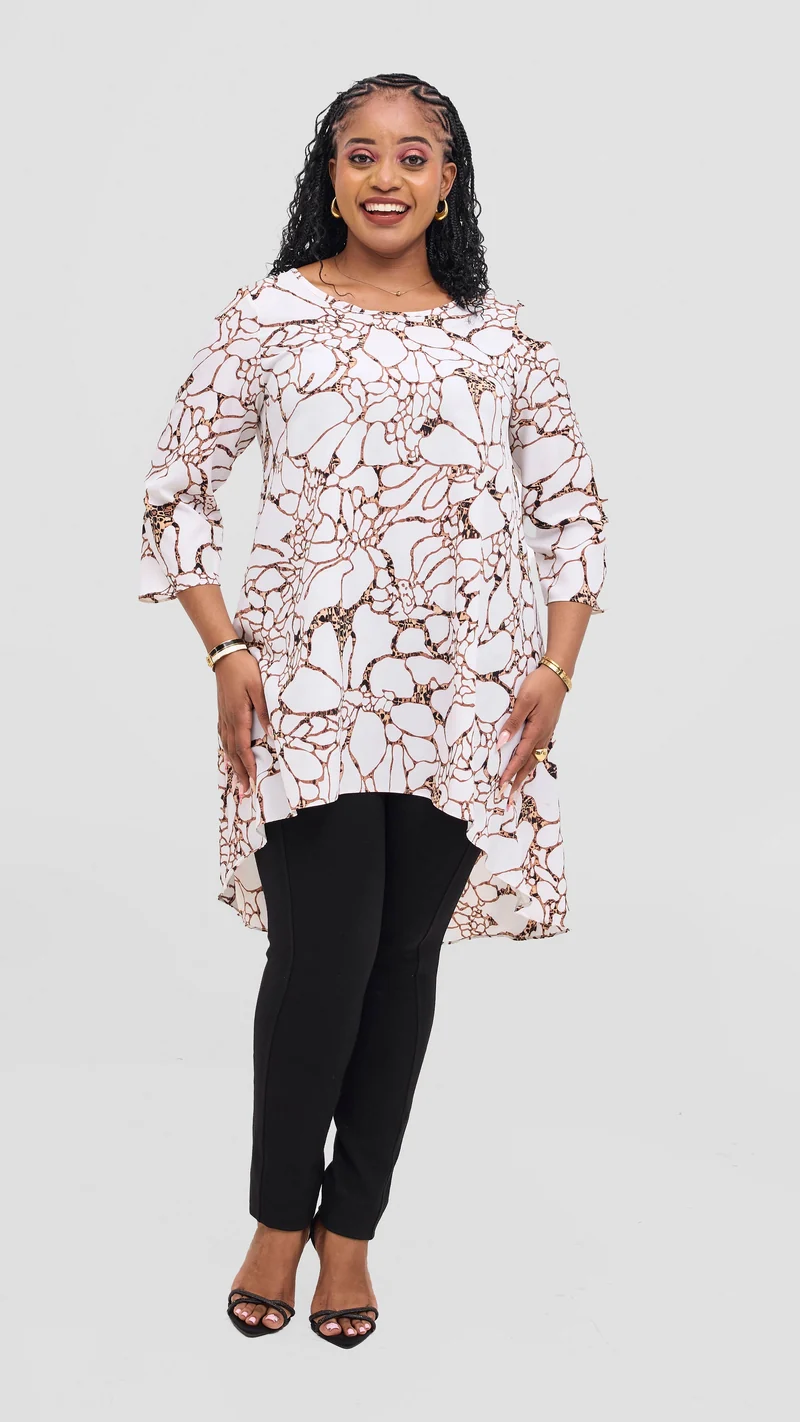 Vivo Maisha 3/4 Sleeve High Low Top - Off White / Dark Peach Print