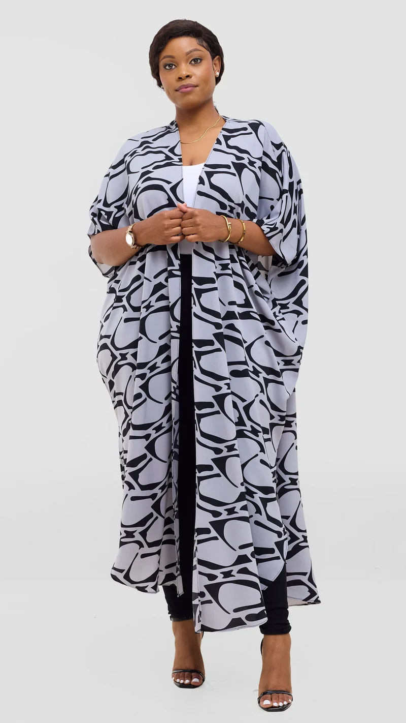Vivo Maisha Kimono in Crepe - Grey / Black Abstract Print