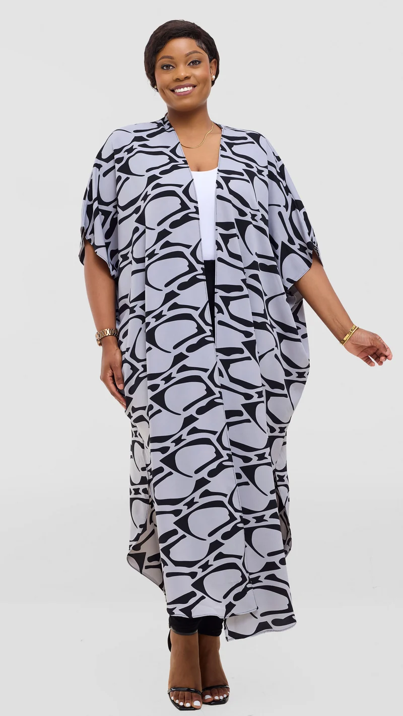 Vivo Maisha Kimono in Crepe - Grey / Black Abstract Print