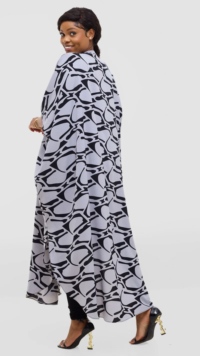 Vivo Maisha Kimono in Crepe - Grey / Black Abstract Print