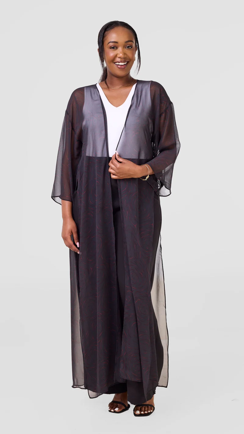 Vivo Nandi High Slit Kimono - Black / Red Print