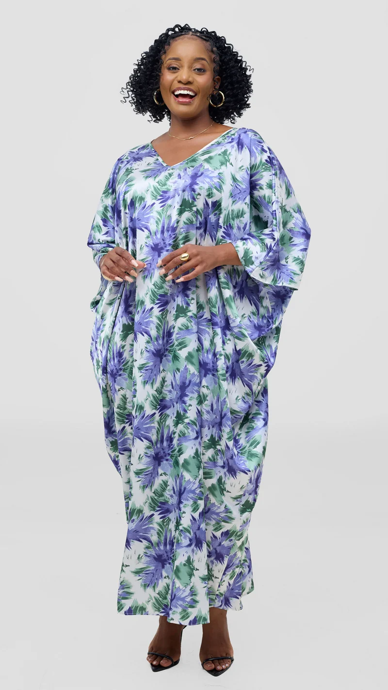 Vivo Keza V-Neck Maxi Kaftan - White / Lilac Print