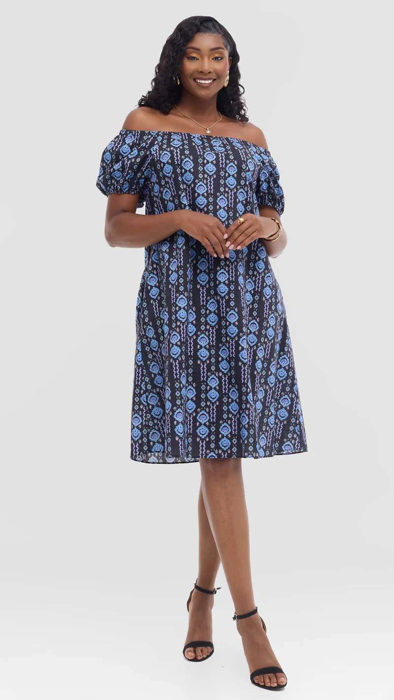 Vivo Off Shoulder Dress in Print Cotton - Black Multicolor