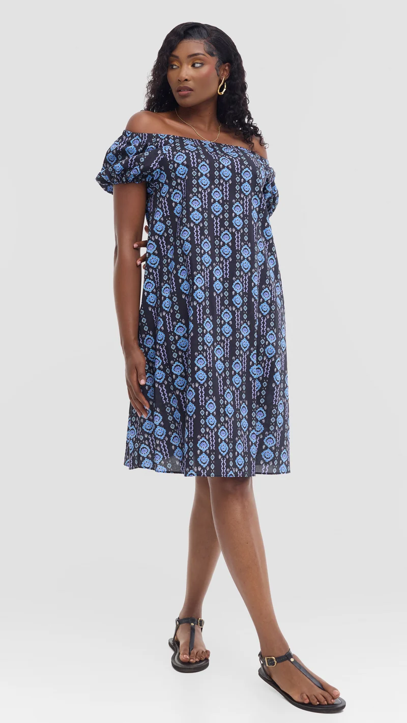 Vivo Off Shoulder Dress in Print Cotton - Black Multicolor