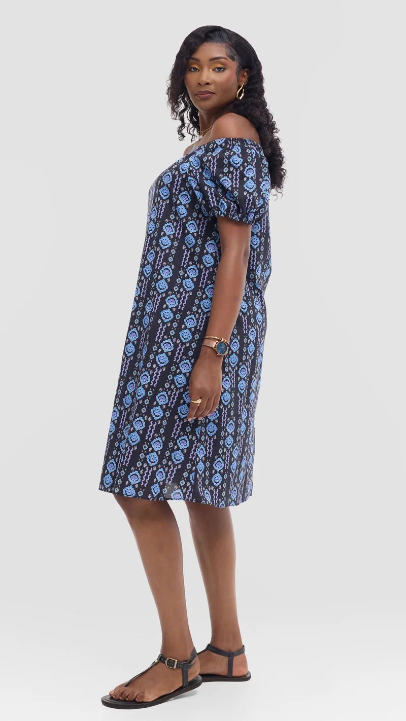 Vivo Off Shoulder Dress in Print Cotton - Black Multicolor