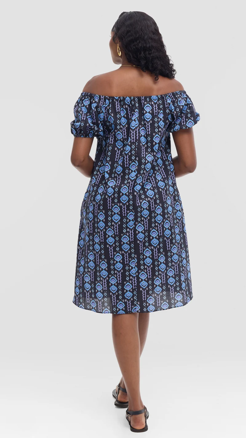 Vivo Off Shoulder Dress in Print Cotton - Black Multicolor