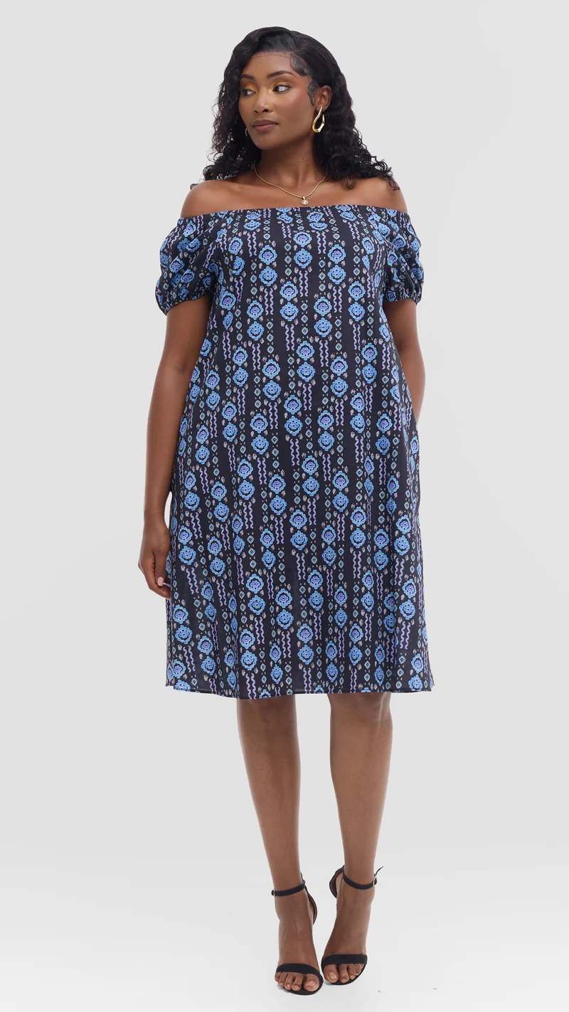 Vivo Off Shoulder Dress in Print Cotton - Black Multicolor